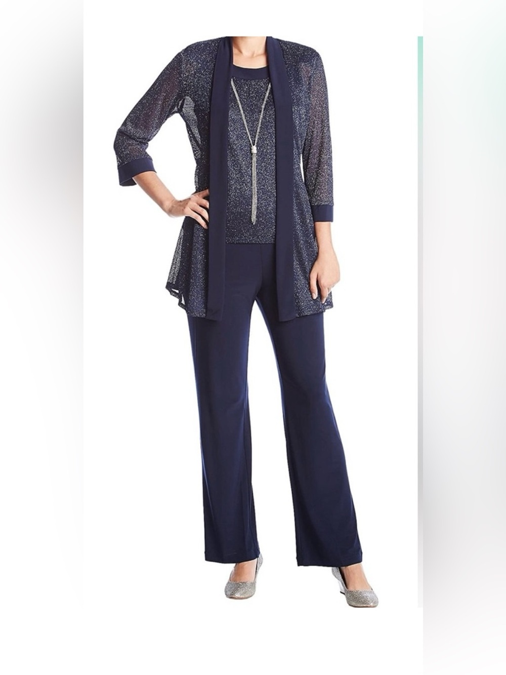 R&M Richards Metallic Women’s Pantsuit Set With Necklace Size 16 Blue NWT